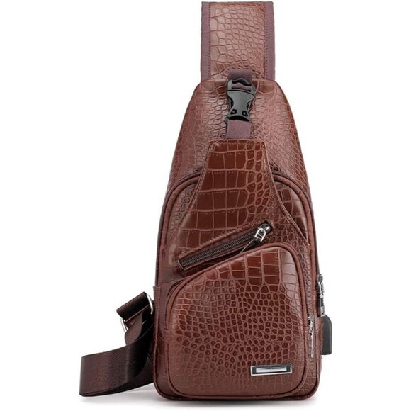 💫 Men Brown Leather Crossbody Bag Campus Travel USB Charging Port Backpacks - Picture 4 of 6